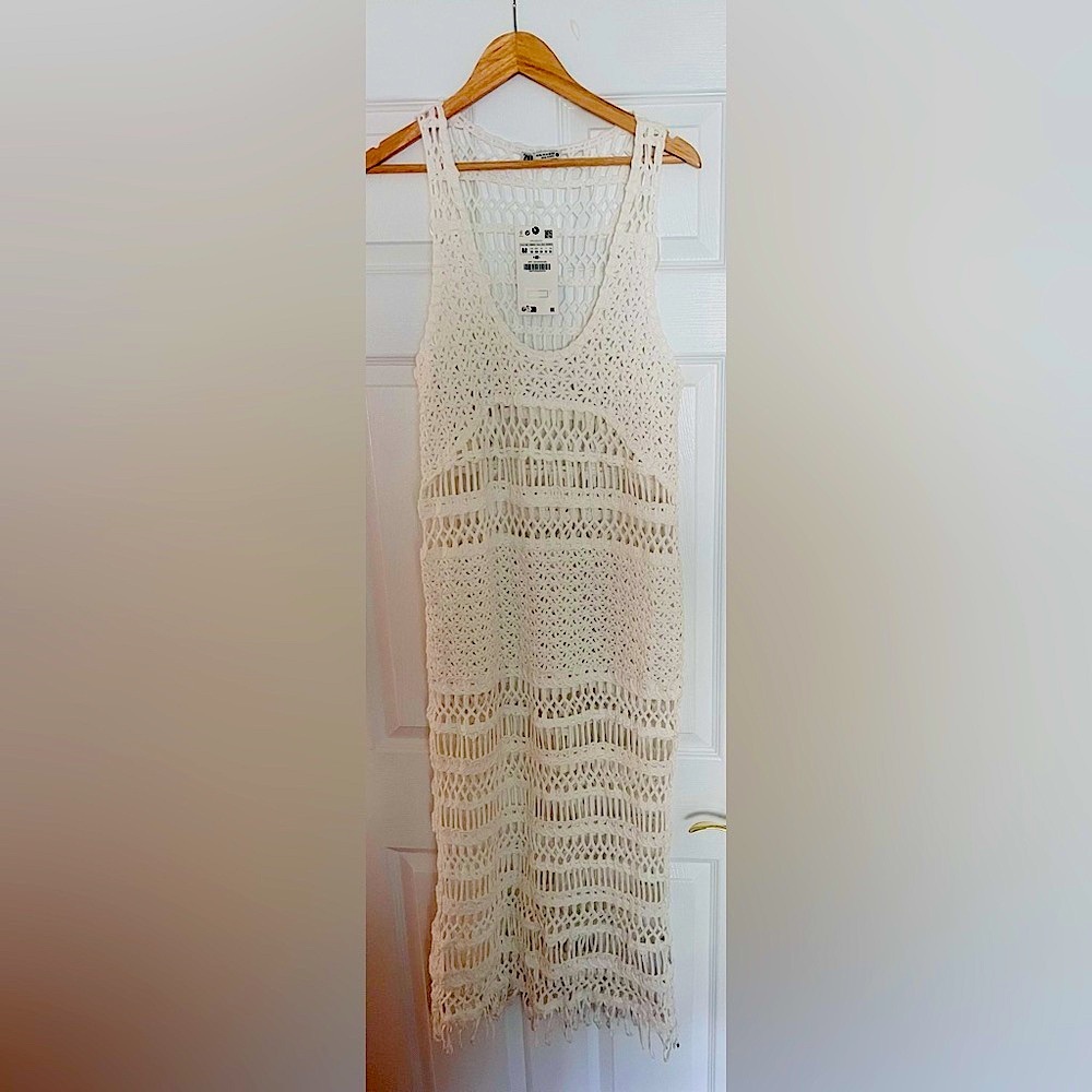 ZARA White/Cream Crochet knit macrame Maxi Dress/ beach cover up limited edition